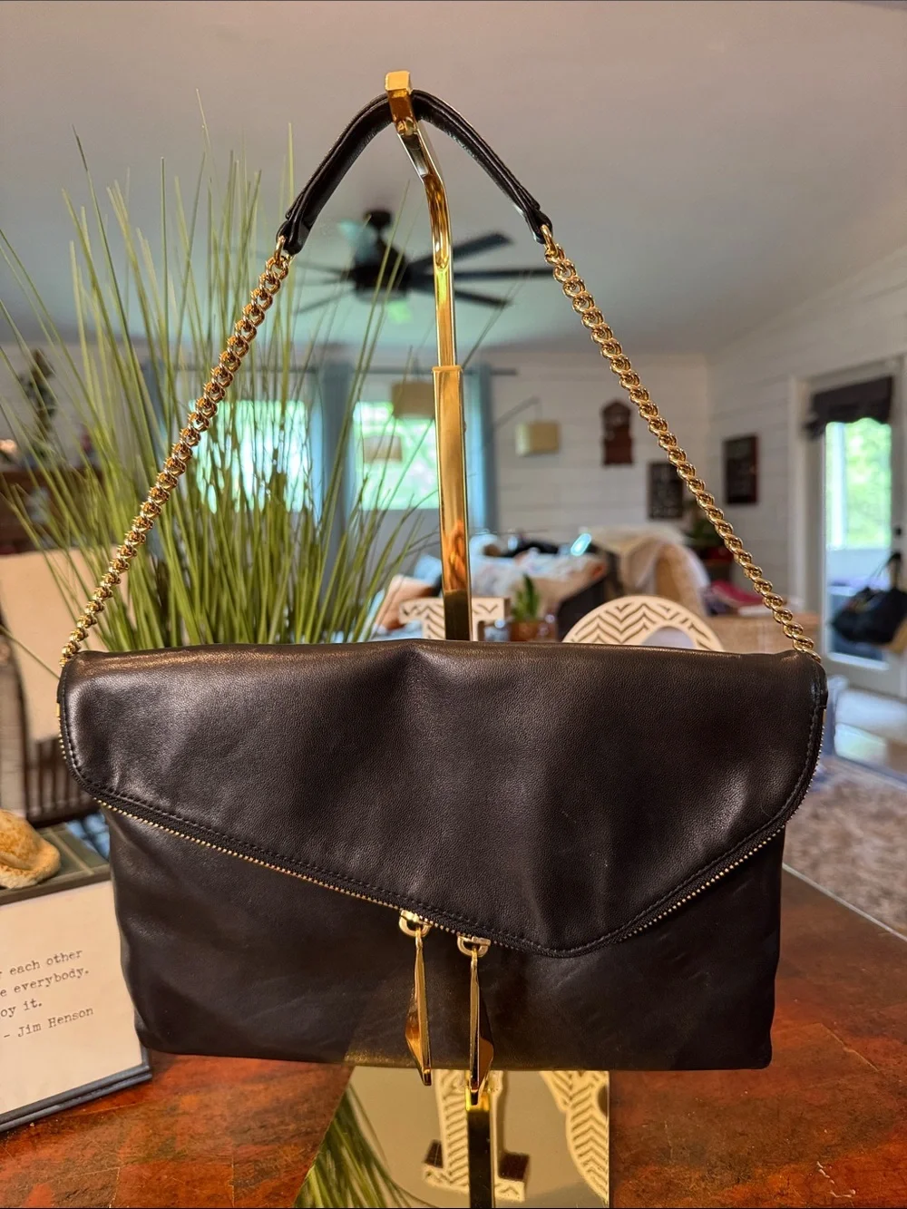 henri bendel Black Leather Fold-Over Clutch with Gold Chain